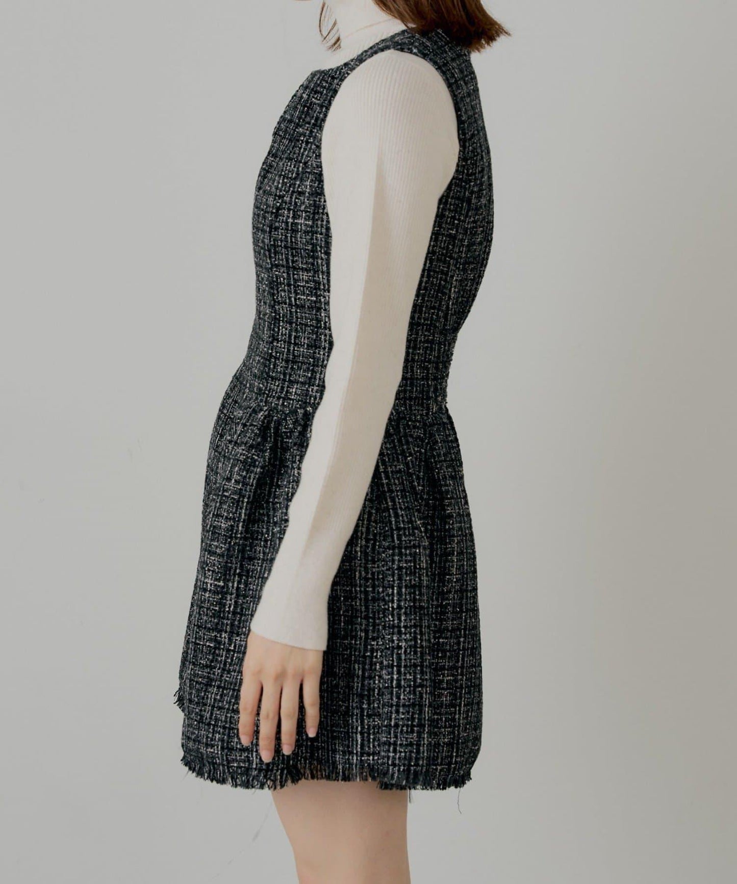 【SALON by Chico】呢料側褶皺喇叭迷你連衣裙