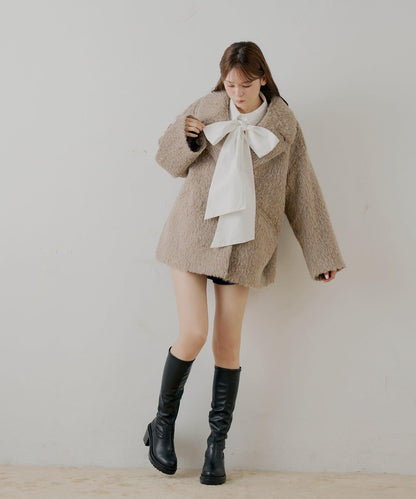 金屬紐扣毛絨中長款夾克大衣