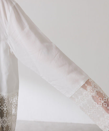 【推薦疊穿】蝴蝶結領下襬蕾絲拼接襯衫