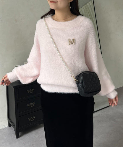 背部金屬裝飾船領長毛針織衫