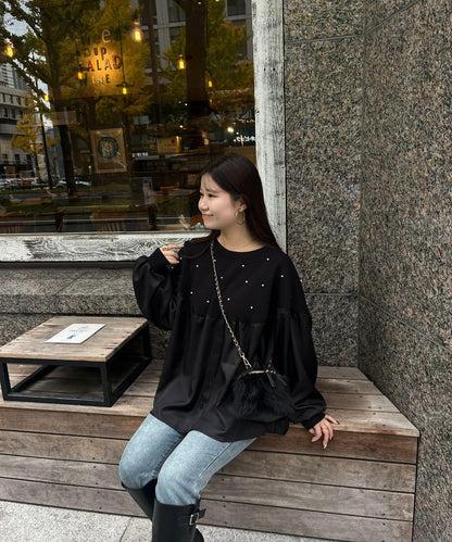 露肩珍珠裝飾拼接針織衫