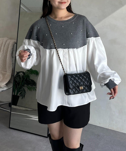 露肩珍珠裝飾拼接針織衫