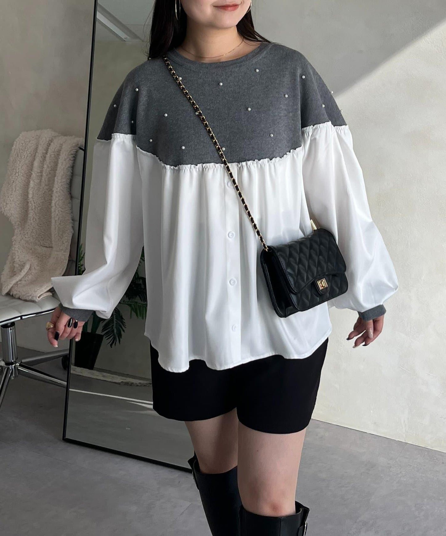 露肩珍珠裝飾拼接針織衫