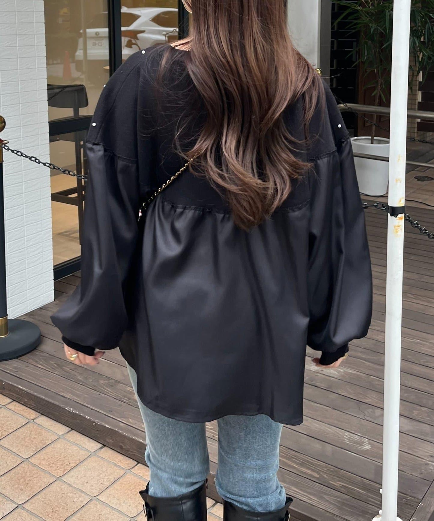 露肩珍珠裝飾拼接針織衫