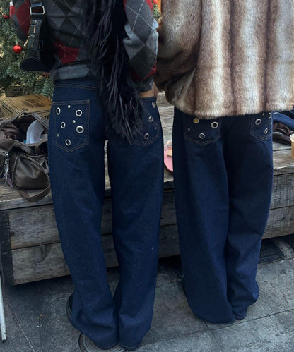 金屬孔眼高腰牛仔褲