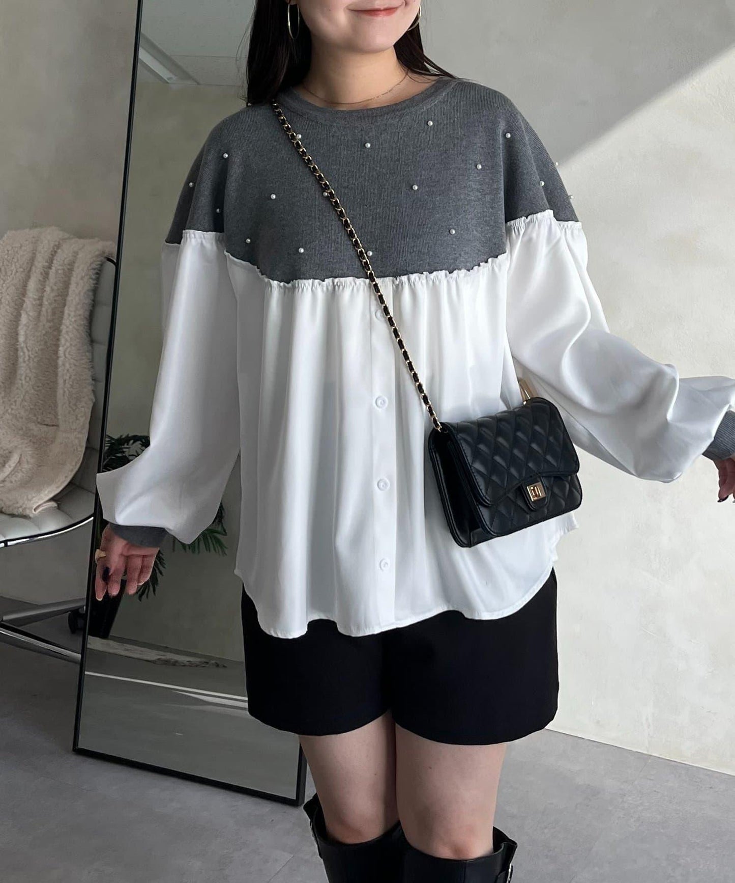 露肩珍珠裝飾拼接針織衫