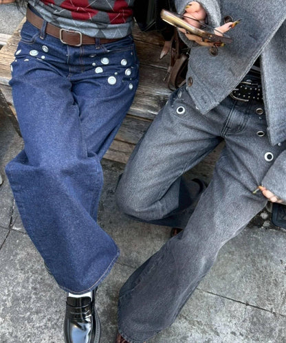 金屬孔眼高腰牛仔褲