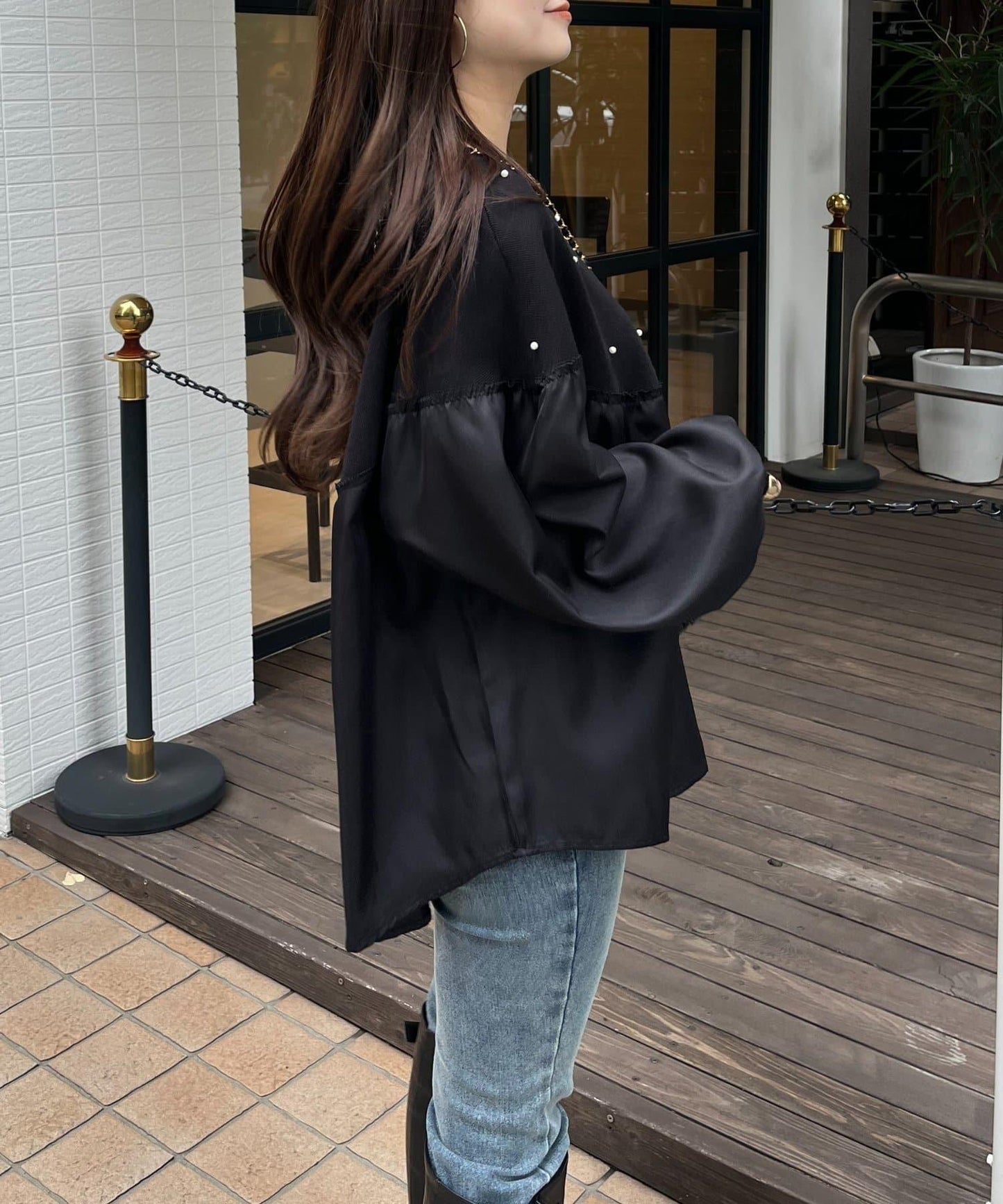 露肩珍珠裝飾拼接針織衫