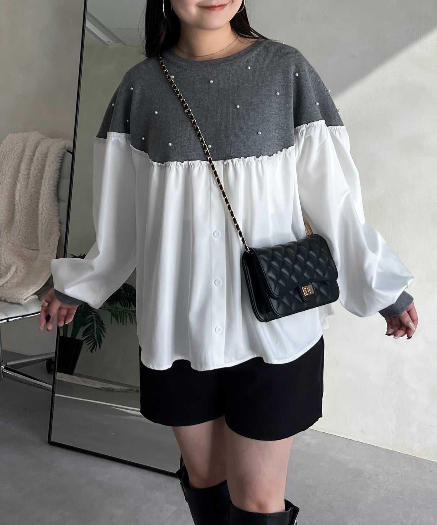 露肩珍珠裝飾拼接針織衫