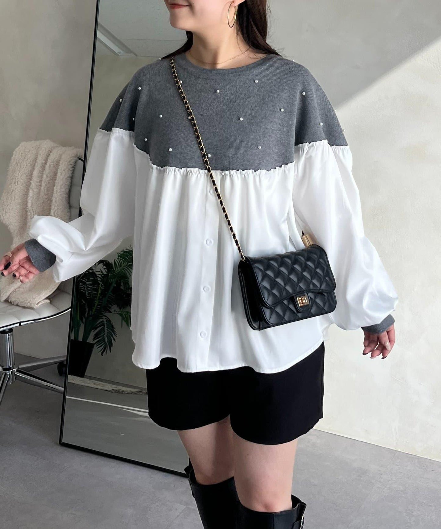 露肩珍珠裝飾拼接針織衫