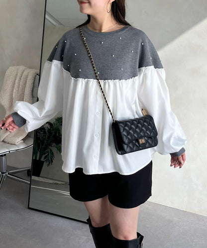 露肩珍珠裝飾拼接針織衫