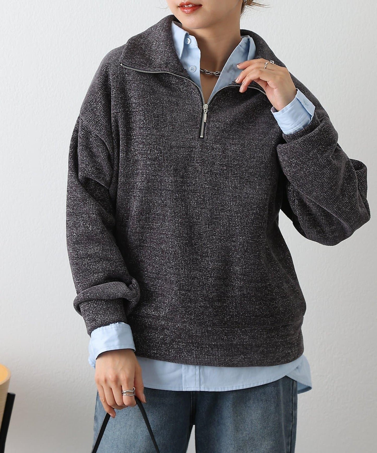 亮片紗半拉鍊套頭衫