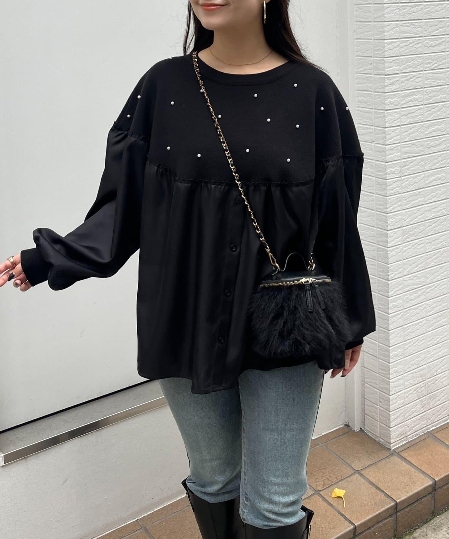 露肩珍珠裝飾拼接針織衫