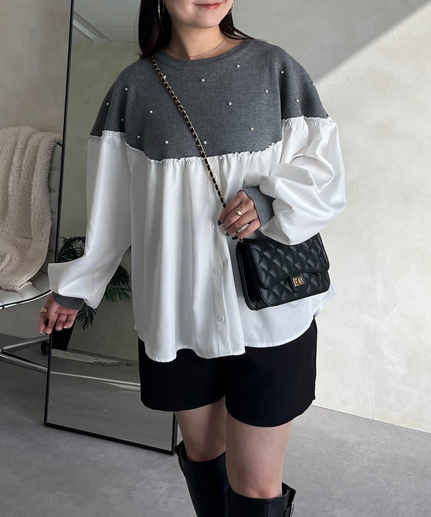 露肩珍珠裝飾拼接針織衫