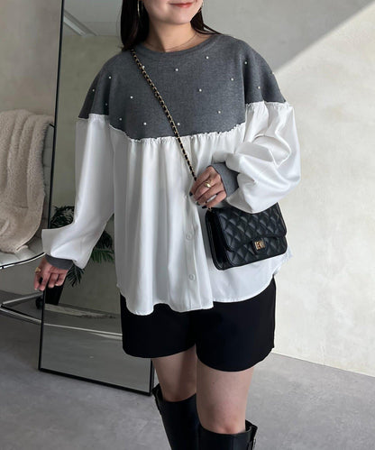露肩珍珠裝飾拼接針織衫