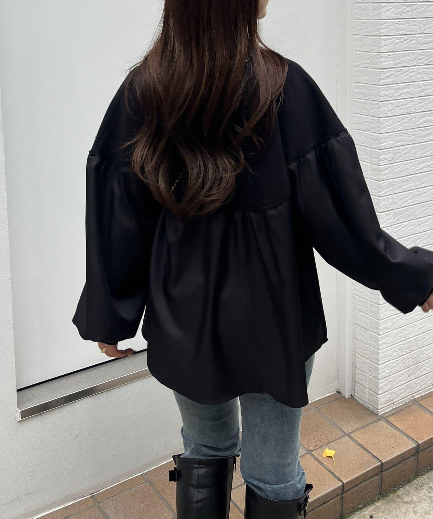 露肩珍珠裝飾拼接針織衫