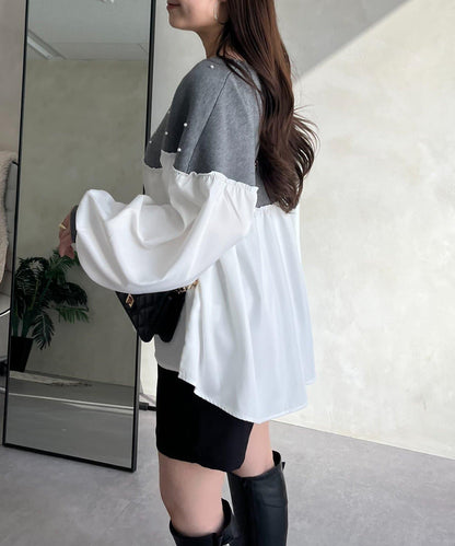 露肩珍珠裝飾拼接針織衫