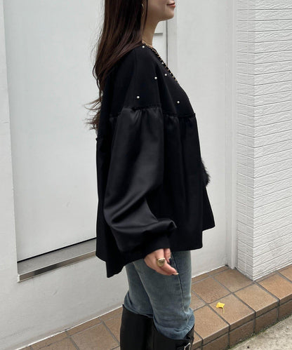 露肩珍珠裝飾拼接針織衫