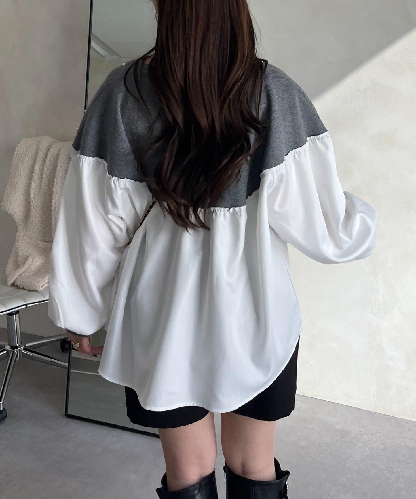 露肩珍珠裝飾拼接針織衫