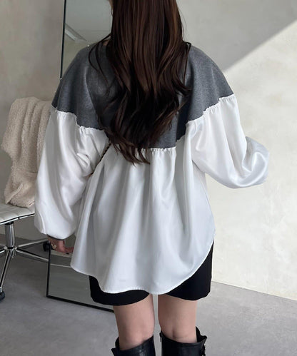 露肩珍珠裝飾拼接針織衫