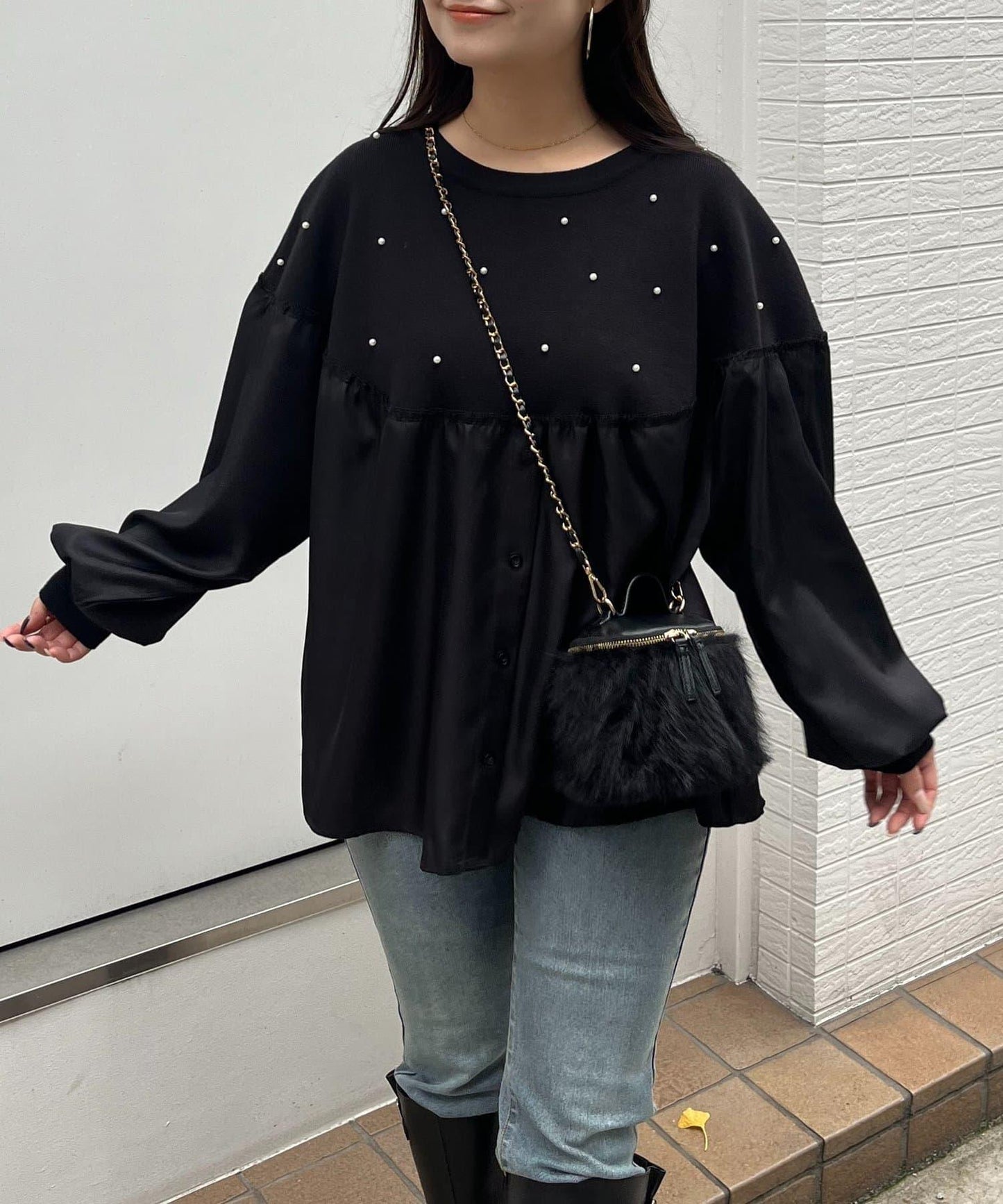 露肩珍珠裝飾拼接針織衫