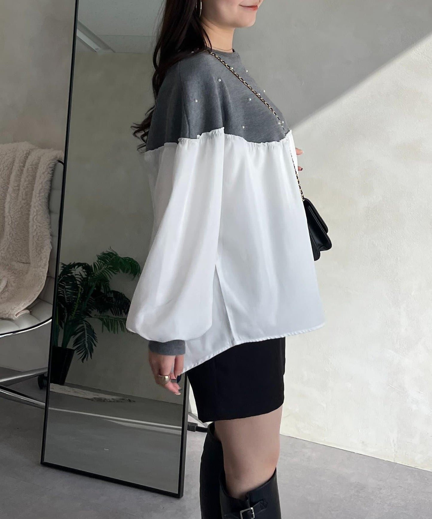 露肩珍珠裝飾拼接針織衫