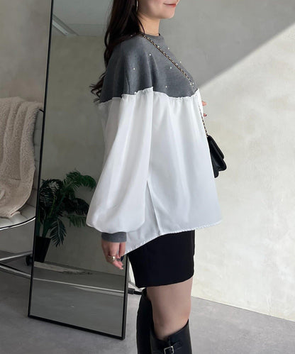 露肩珍珠裝飾拼接針織衫