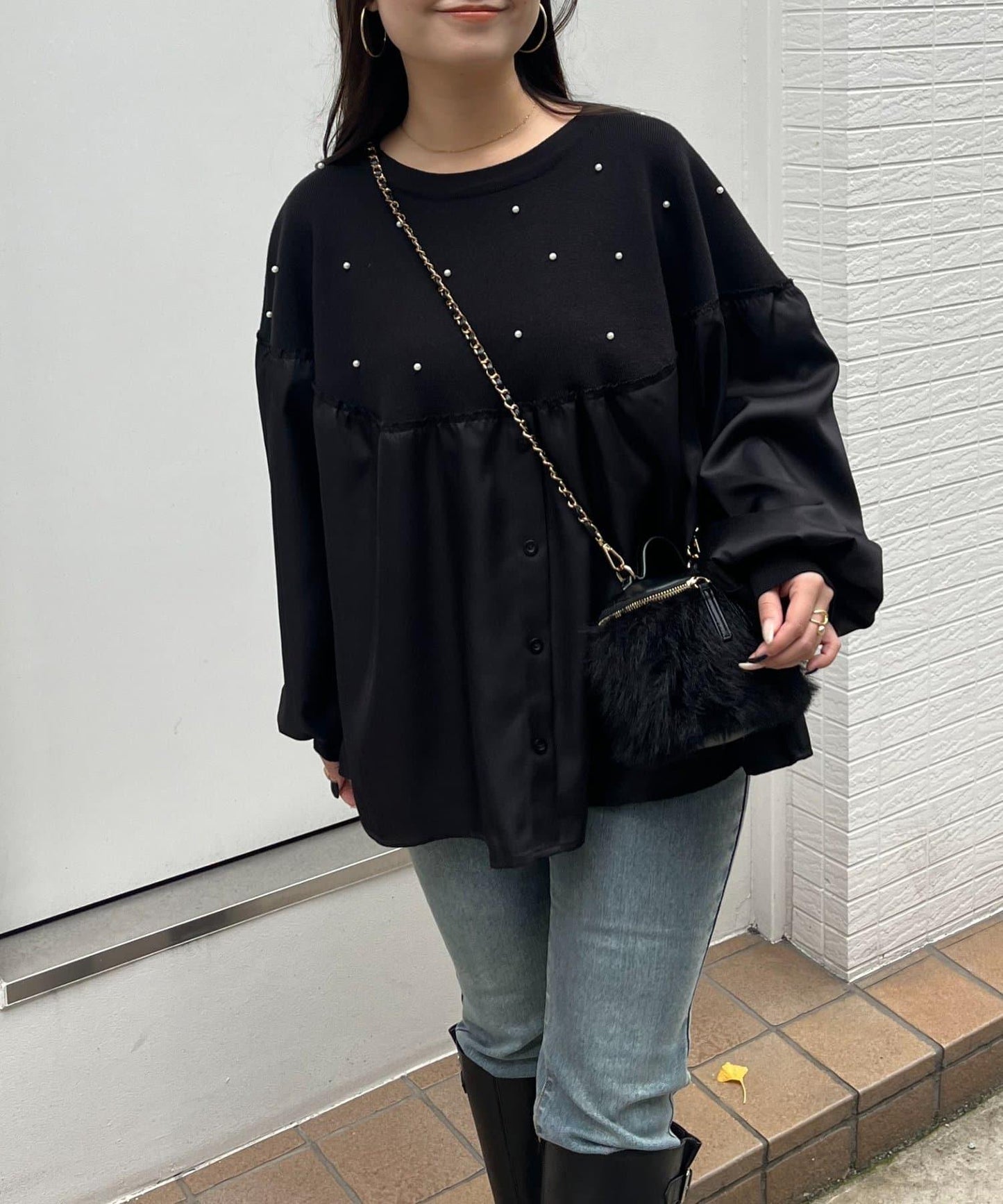 露肩珍珠裝飾拼接針織衫