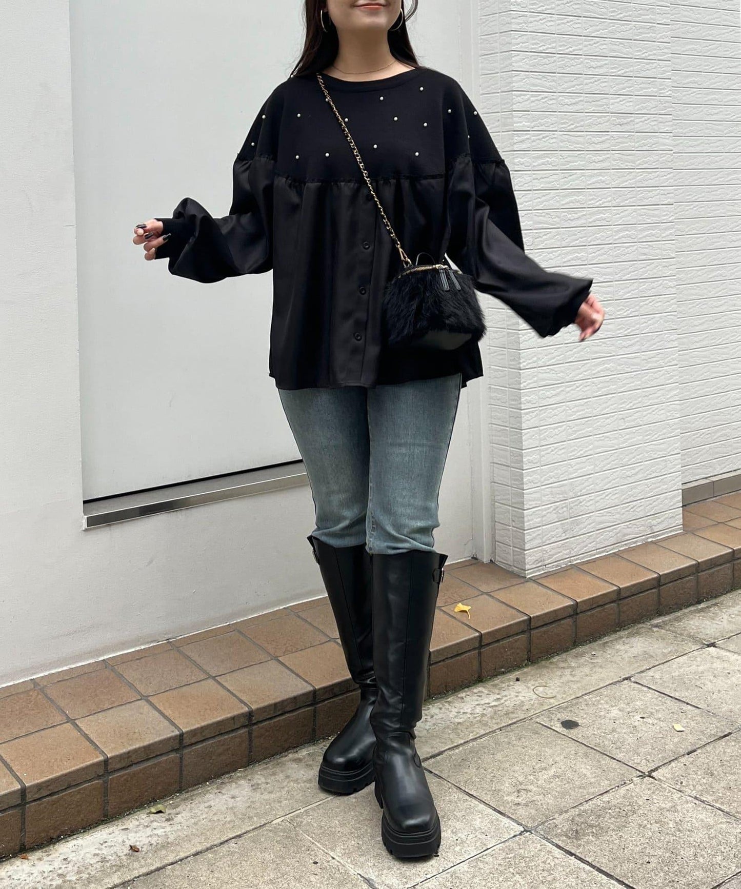 露肩珍珠裝飾拼接針織衫