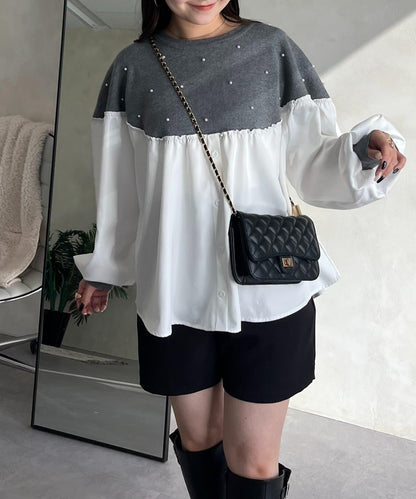 露肩珍珠裝飾拼接針織衫