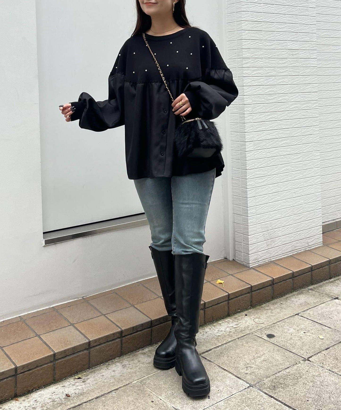 露肩珍珠裝飾拼接針織衫