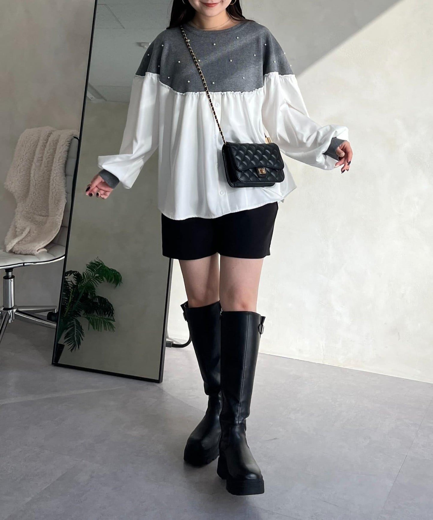 露肩珍珠裝飾拼接針織衫