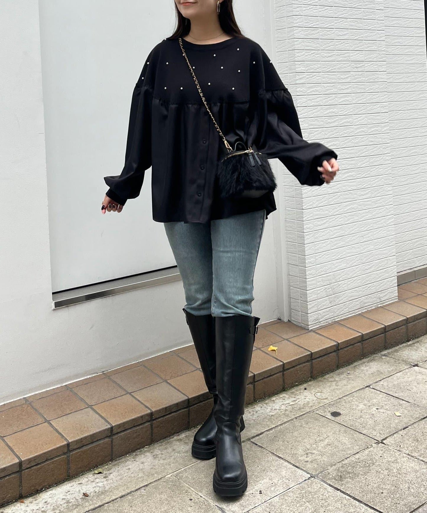 露肩珍珠裝飾拼接針織衫