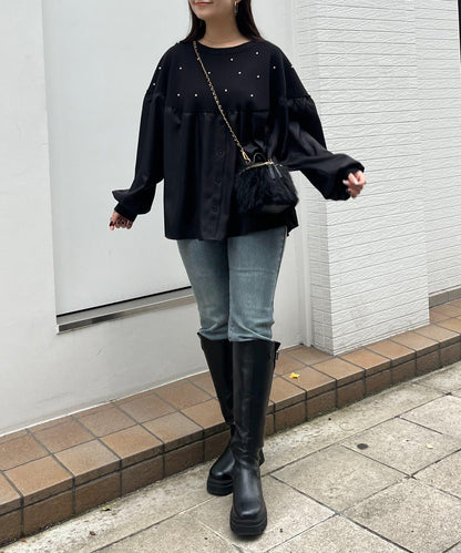 露肩珍珠裝飾拼接針織衫