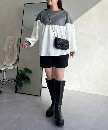 露肩珍珠裝飾拼接針織衫