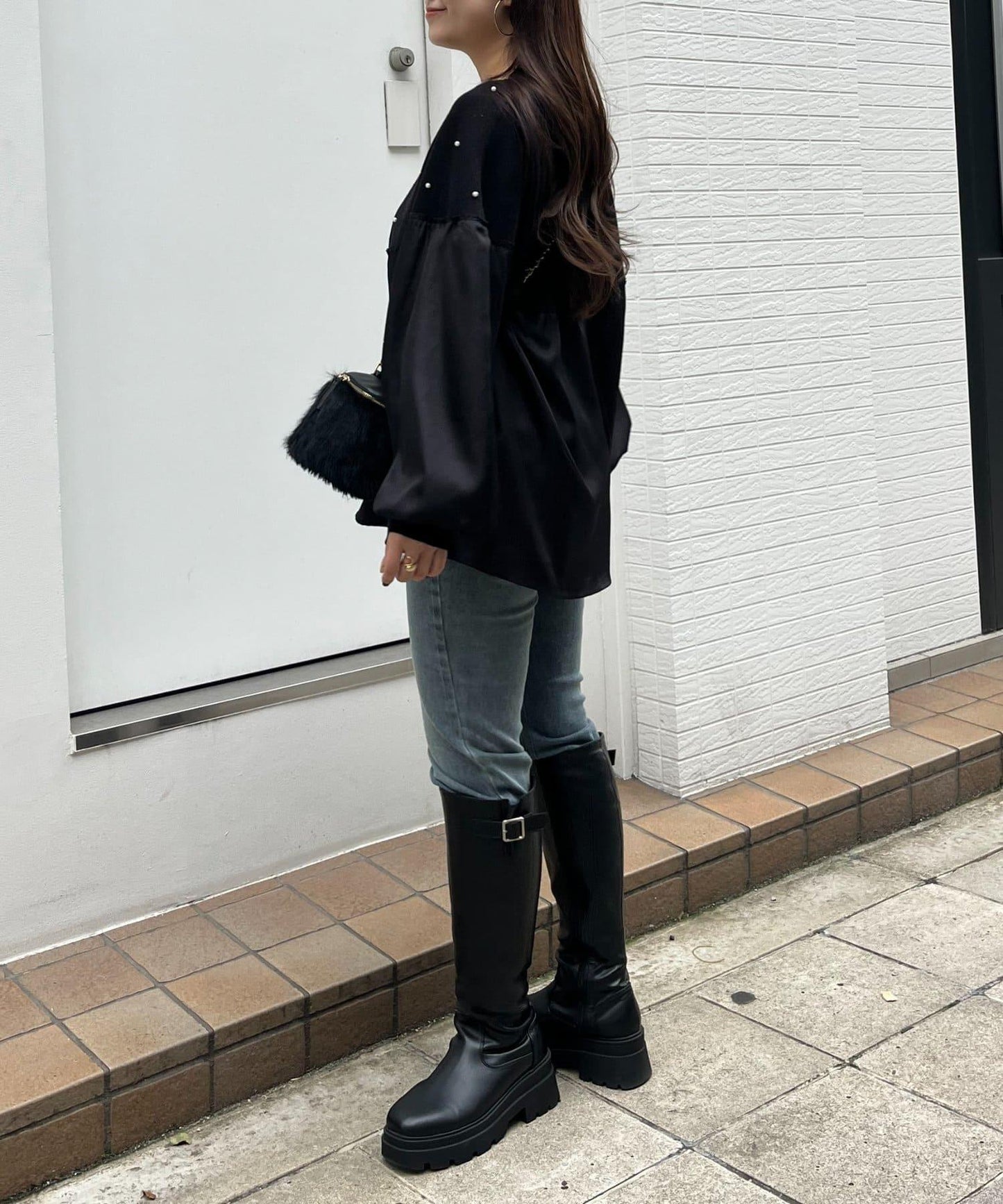 露肩珍珠裝飾拼接針織衫