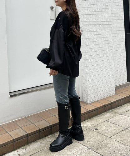 露肩珍珠裝飾拼接針織衫