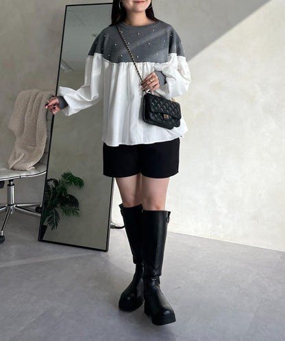 露肩珍珠裝飾拼接針織衫