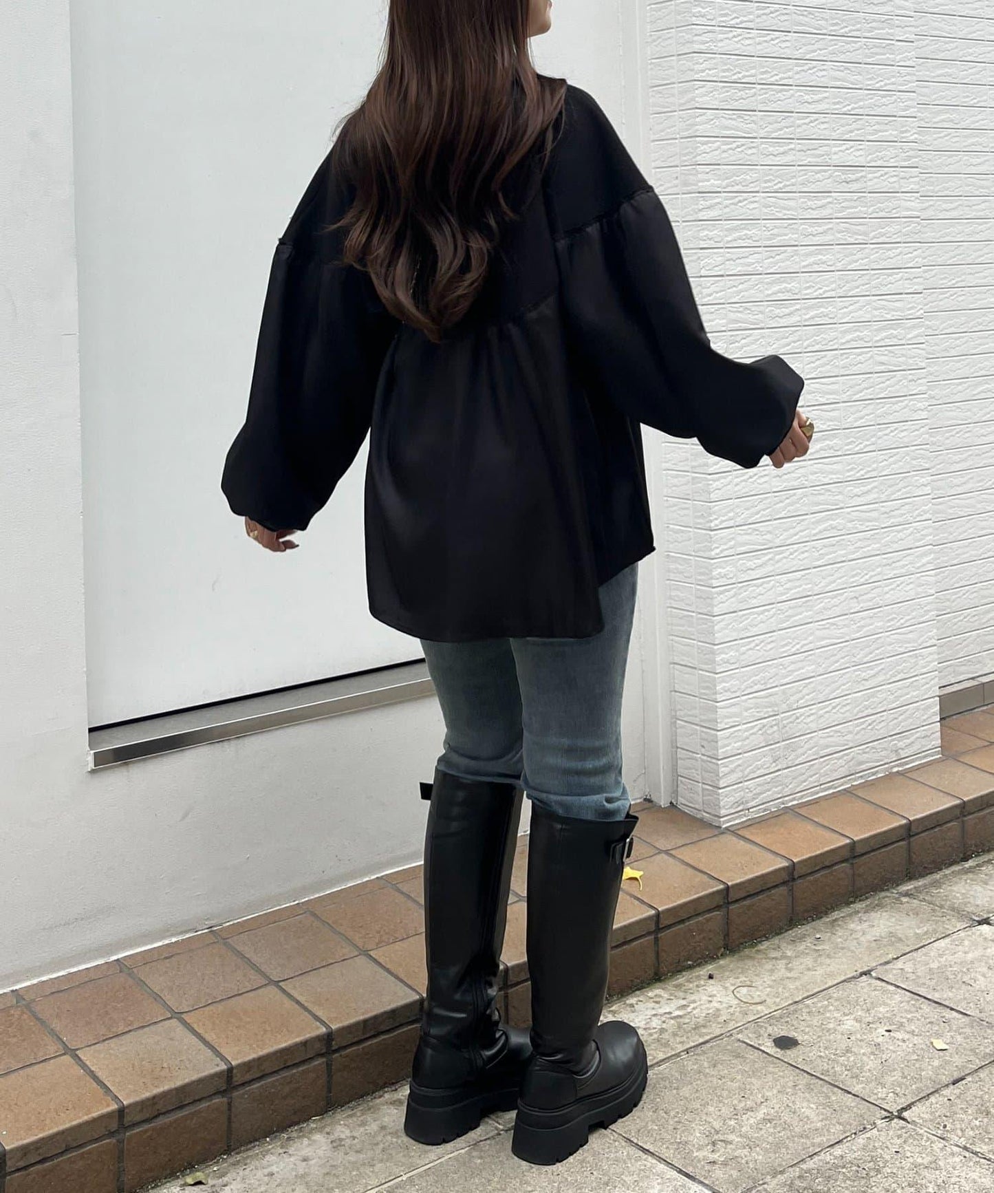 露肩珍珠裝飾拼接針織衫