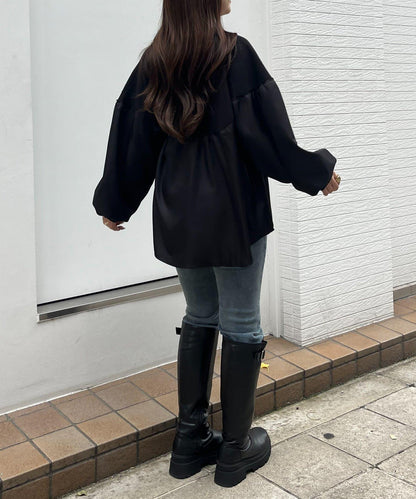 露肩珍珠裝飾拼接針織衫