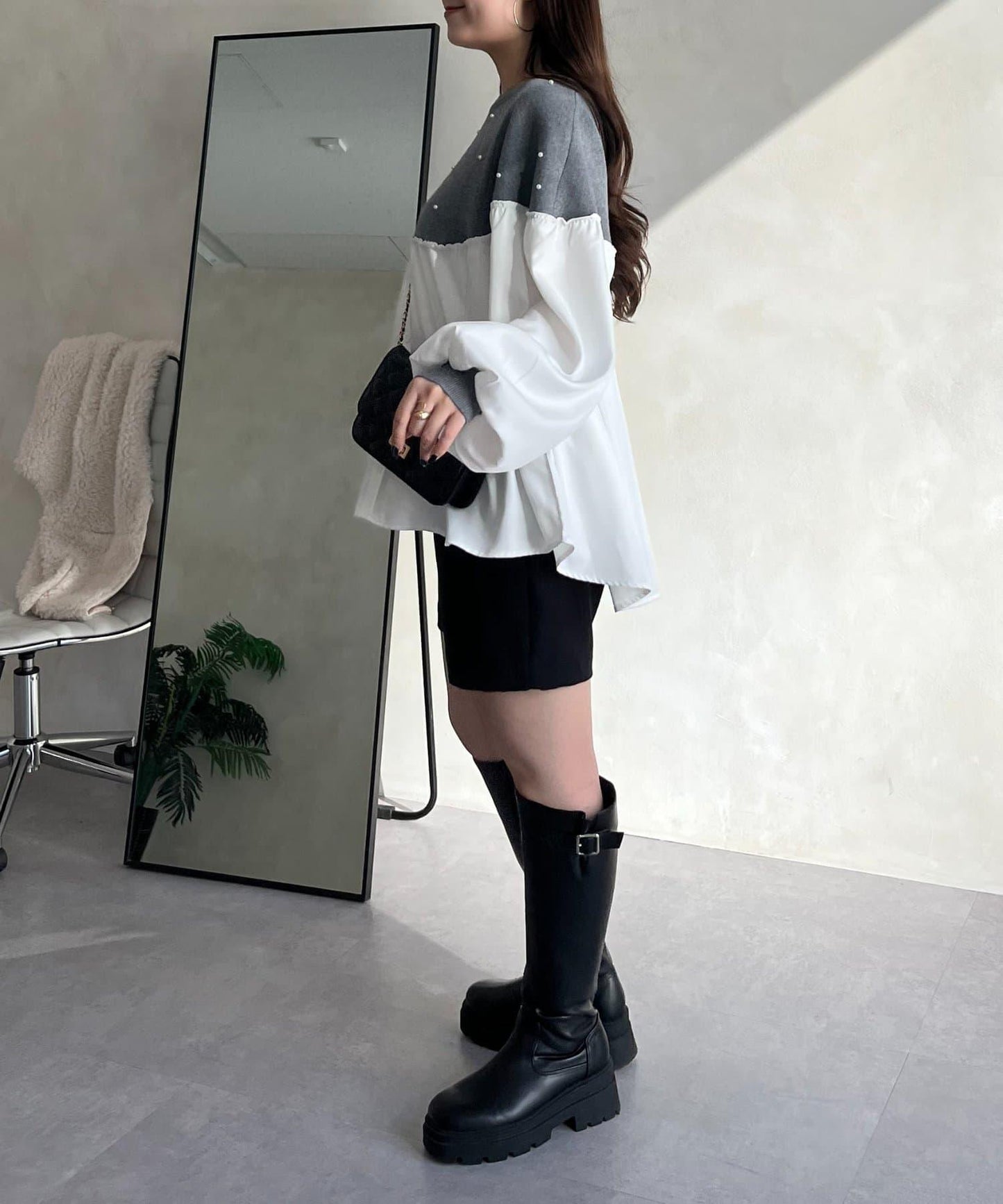 露肩珍珠裝飾拼接針織衫