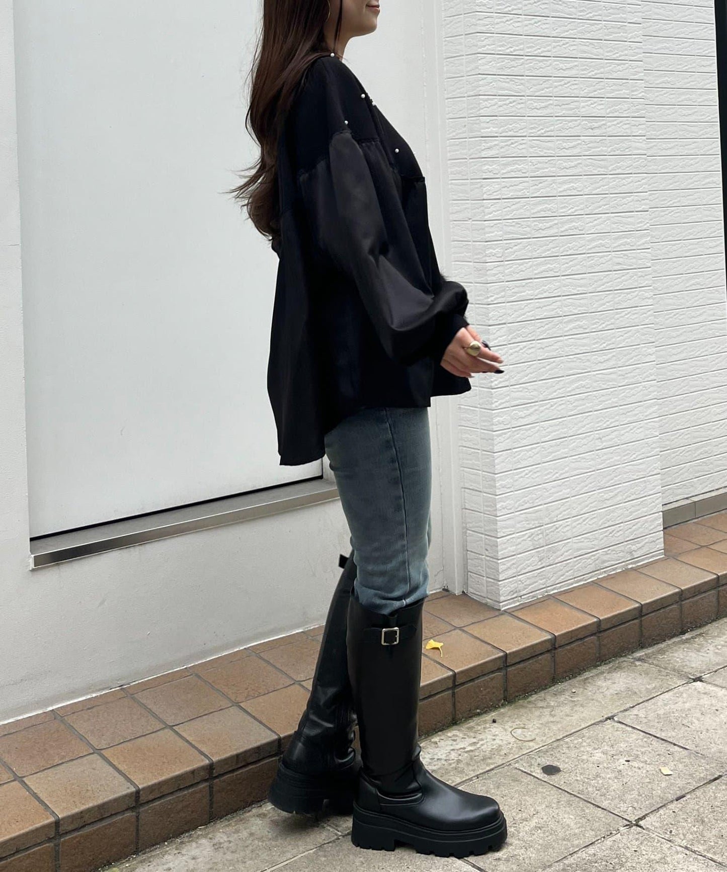 露肩珍珠裝飾拼接針織衫