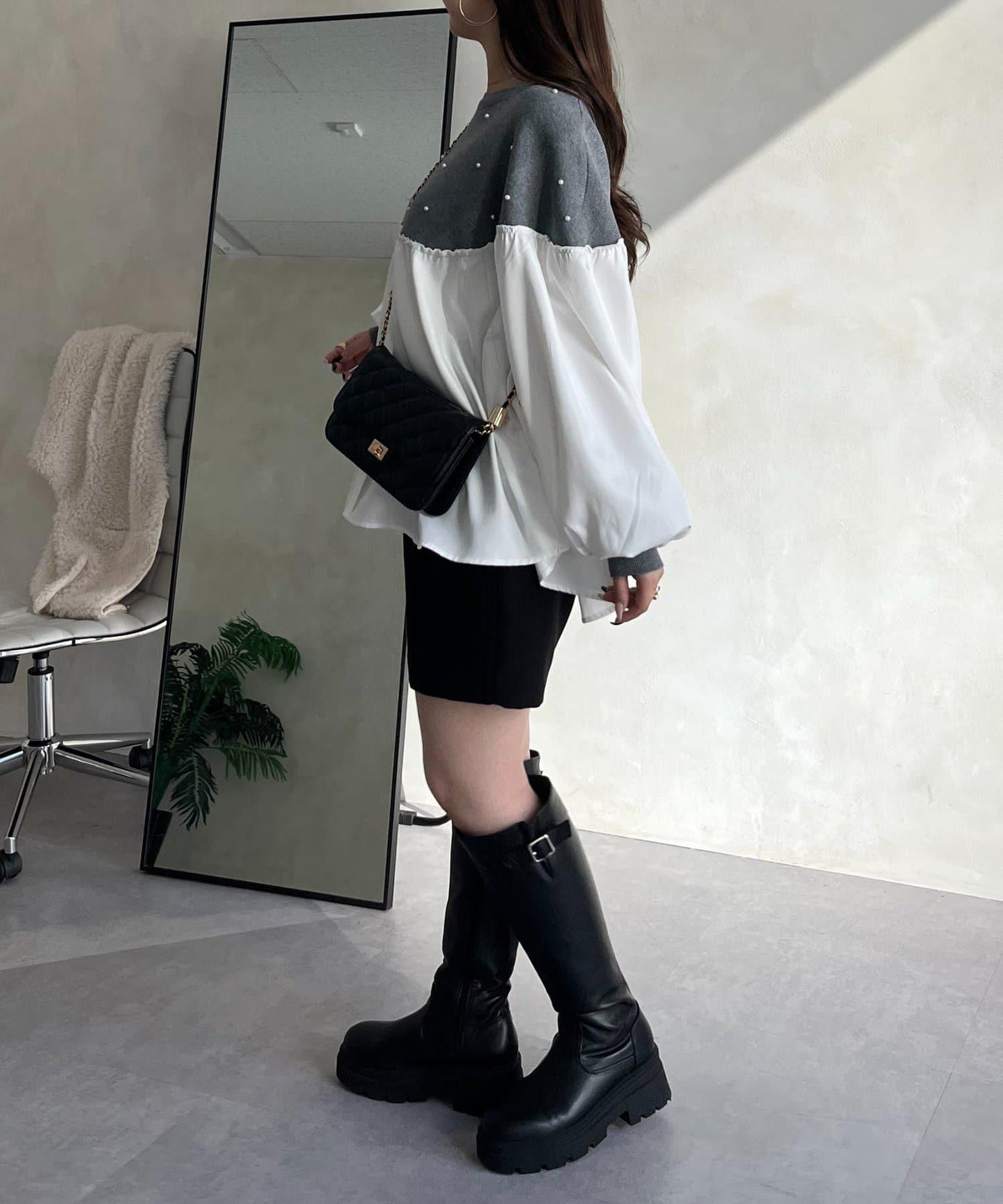 露肩珍珠裝飾拼接針織衫