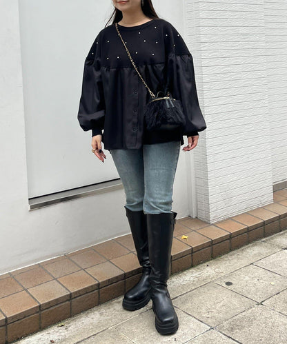 露肩珍珠裝飾拼接針織衫