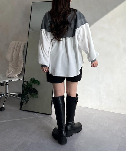 露肩珍珠裝飾拼接針織衫