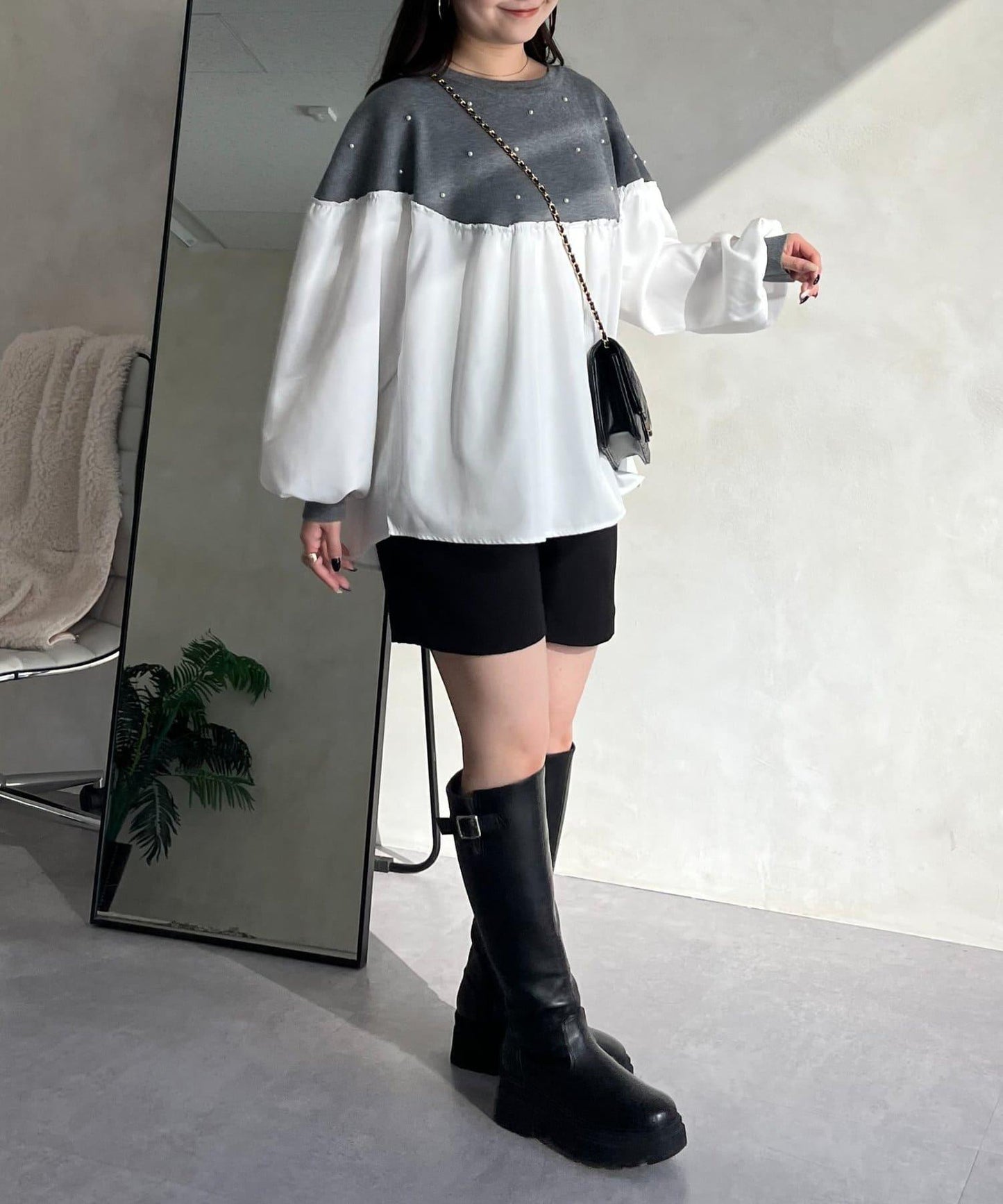 露肩珍珠裝飾拼接針織衫