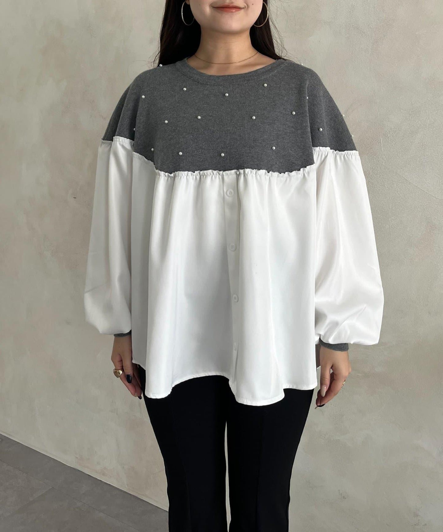 露肩珍珠裝飾拼接針織衫