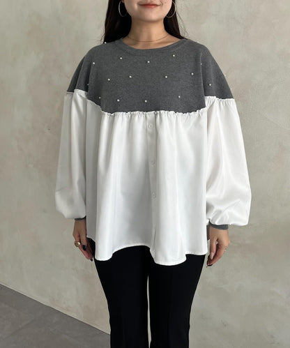 露肩珍珠裝飾拼接針織衫