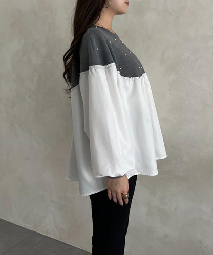 露肩珍珠裝飾拼接針織衫