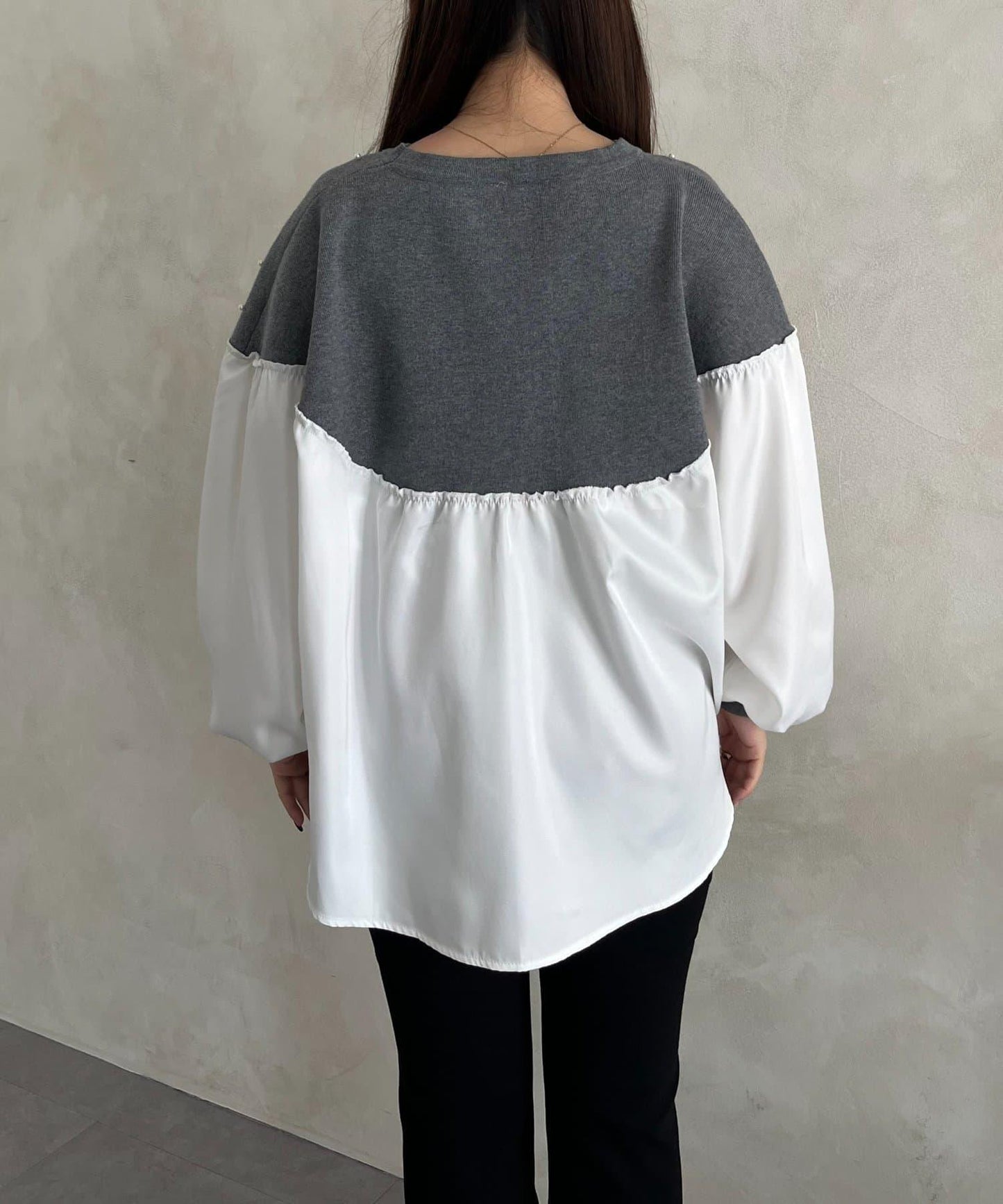 露肩珍珠裝飾拼接針織衫